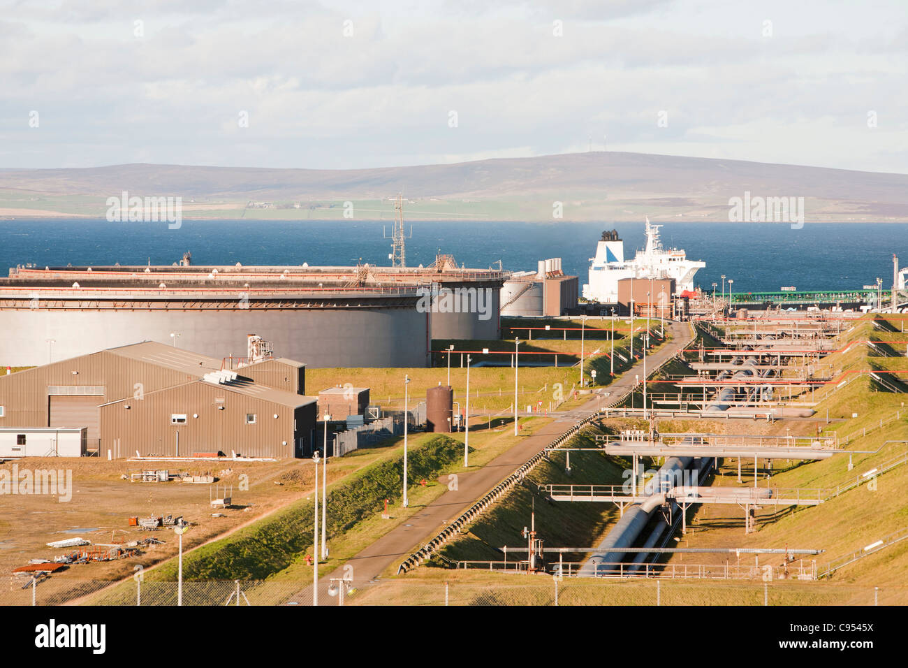 Flotta oil terminal on Flotta in the Orkney's Scotland, UK. 10% of the UK's oil production comes this terminal Stock Photo