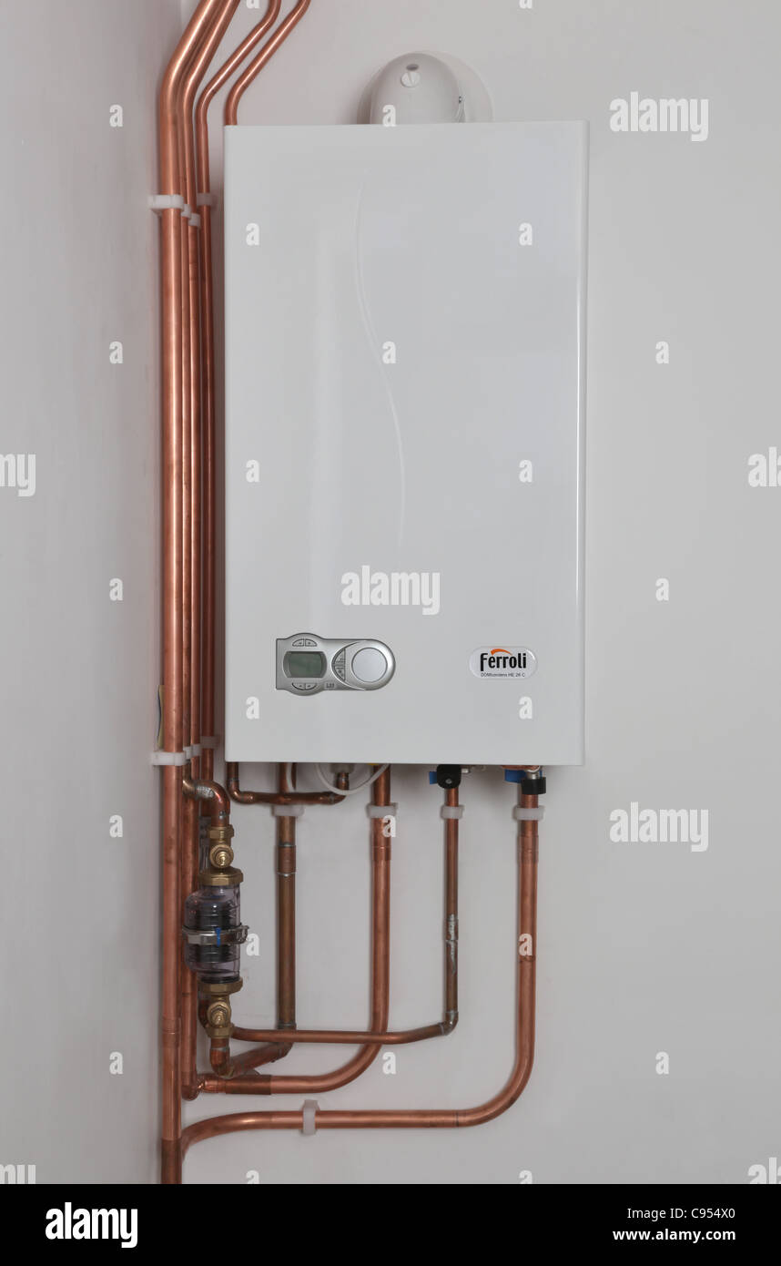 Ferroli HE26c condensing wall hung gas boiler, new domestic Installation  (fitted at photographers property Stock Photo - Alamy
