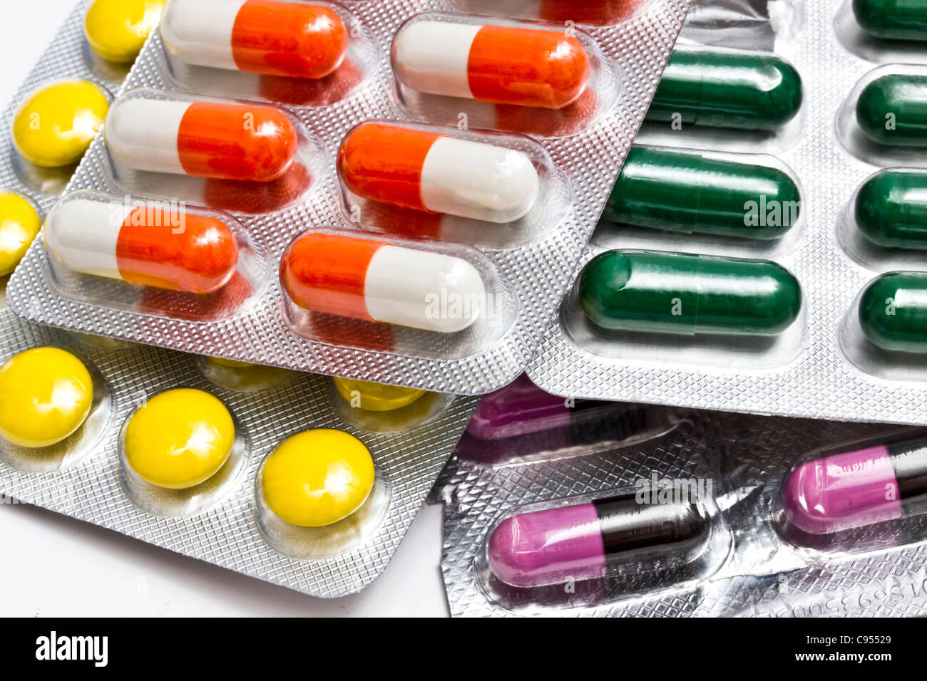 Colorful medicines closeup on white background Stock Photo