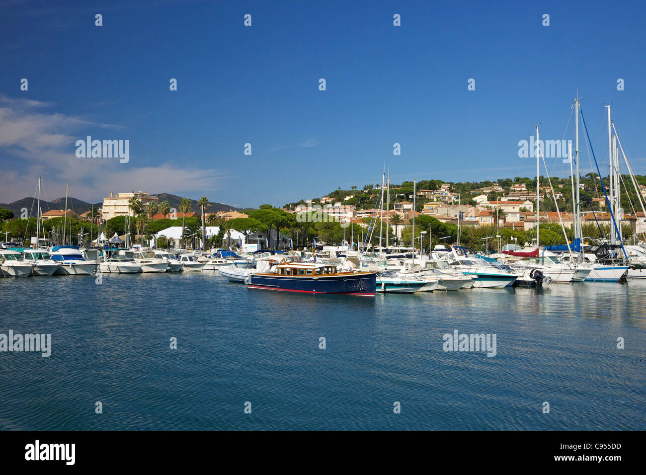 Sainte-Maxime harbour viewed from the sea, Var, Provence, Cote d'Azur, France Stock Photo