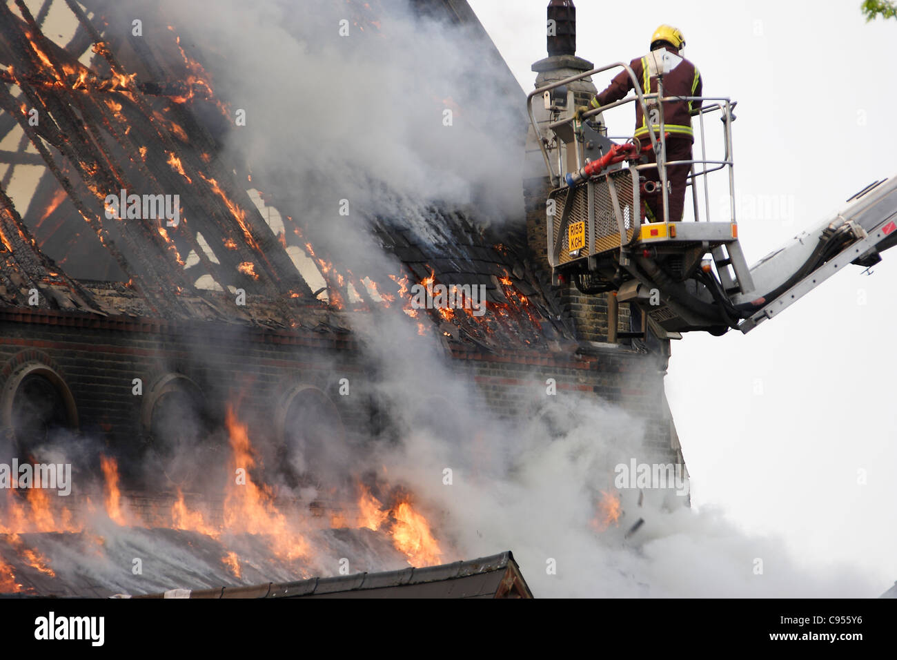 An East London church destroyed by fire. Stock Photo