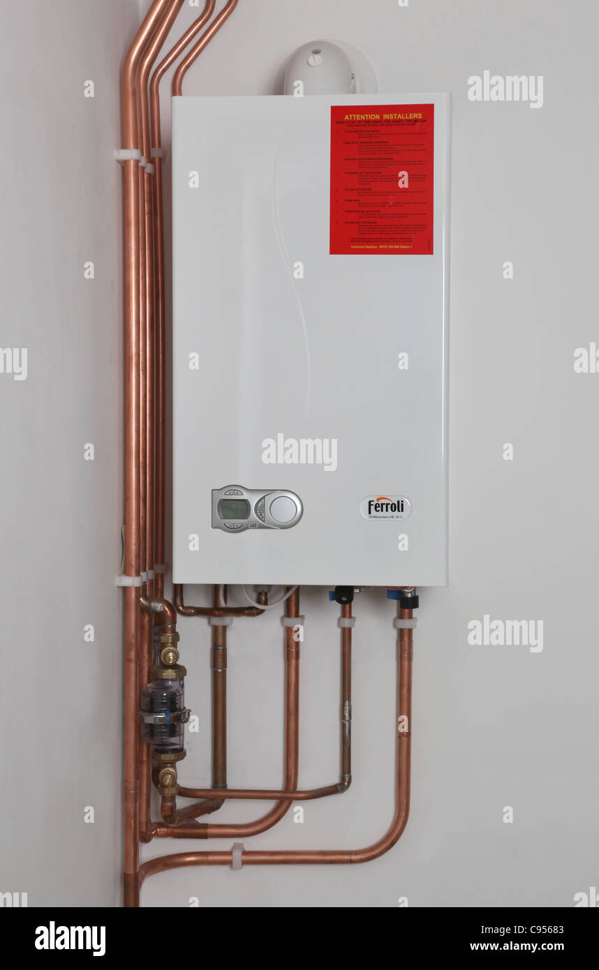 Ferroli HE26c condensing wall hung gas boiler, new domestic Installation  (fitted at photographers property Stock Photo - Alamy