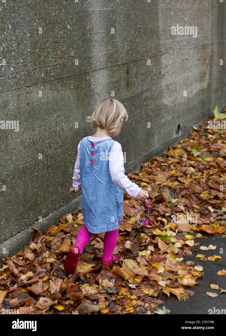 Little girl, blue dress, pink tights, running through Autumn leaves Stock Photo