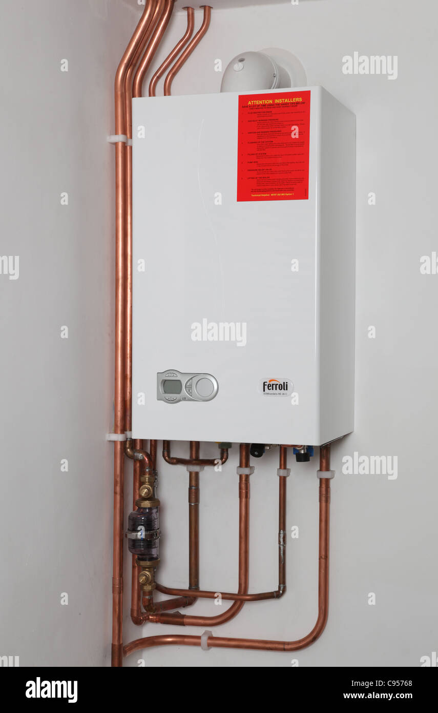 Ferroli HE26c condensing wall hung gas boiler, new domestic Installation  (fitted at photographers property Stock Photo - Alamy