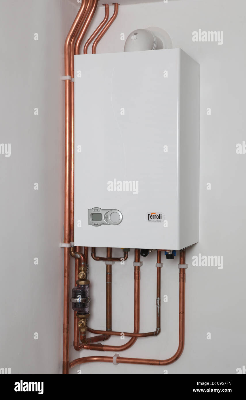 Ferroli HE26c condensing wall hung gas boiler, new domestic Installation  (fitted at photographers property Stock Photo - Alamy