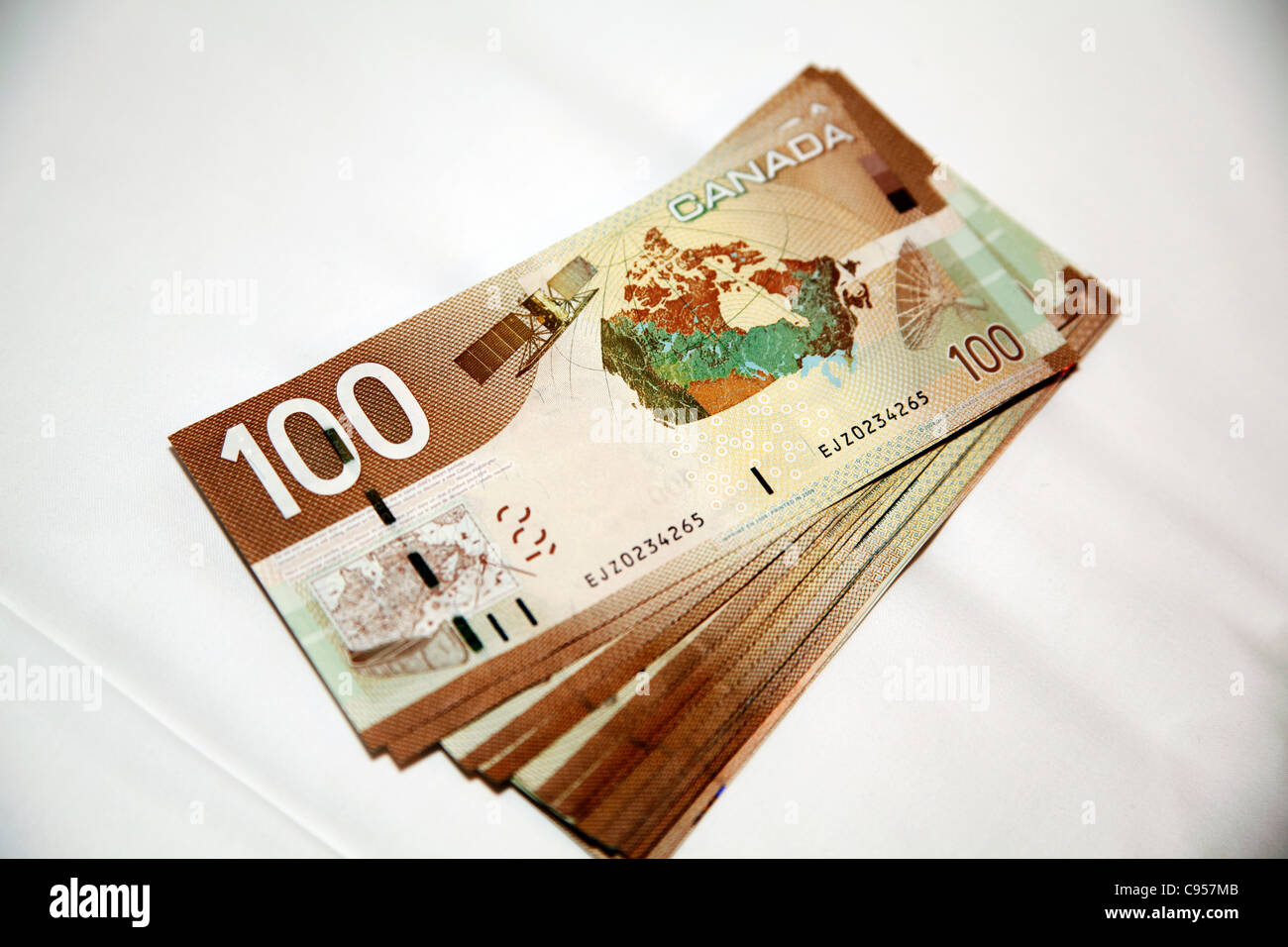 Stack of Canadian One Hundred Dollar Bills Stock Photo