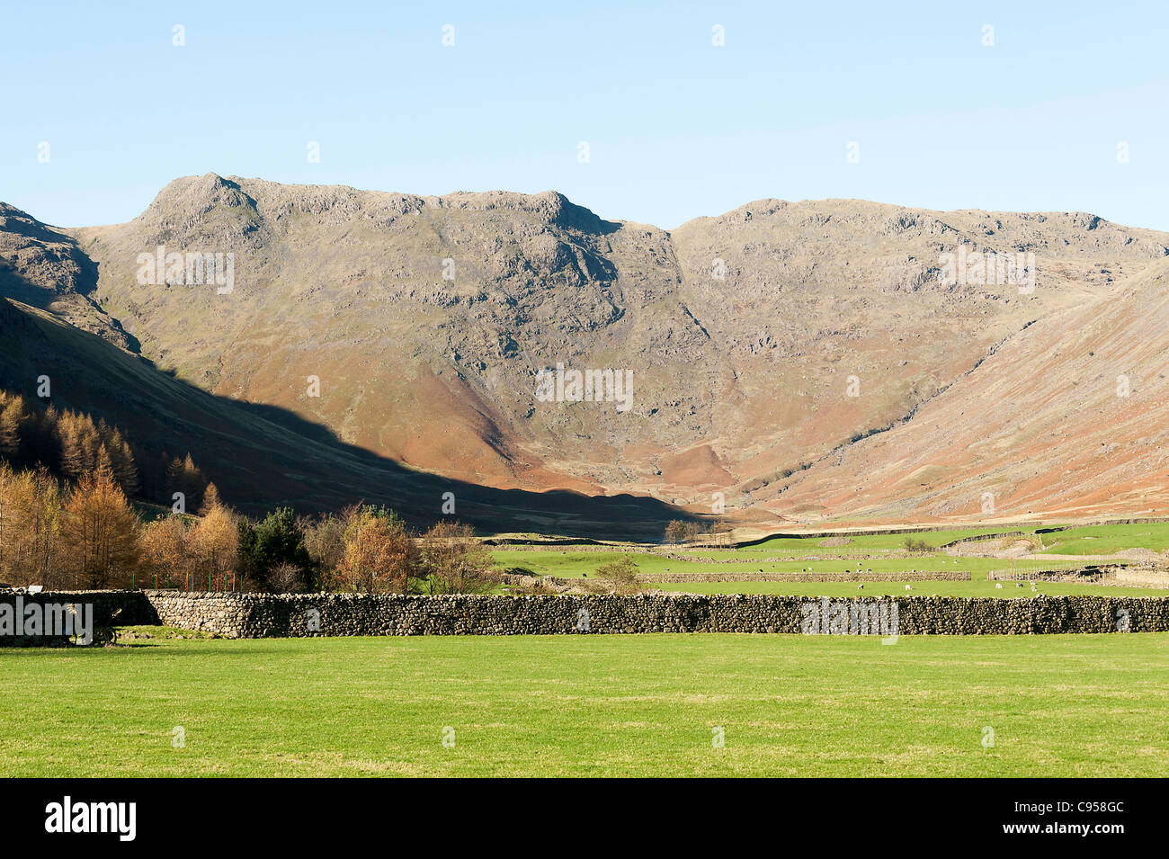 Looking Up The Langdale Valley Towards Bow Fell, Rossett Pike and Crag with Mickleden Beck Lake District Cumbria England UK Stock Photo