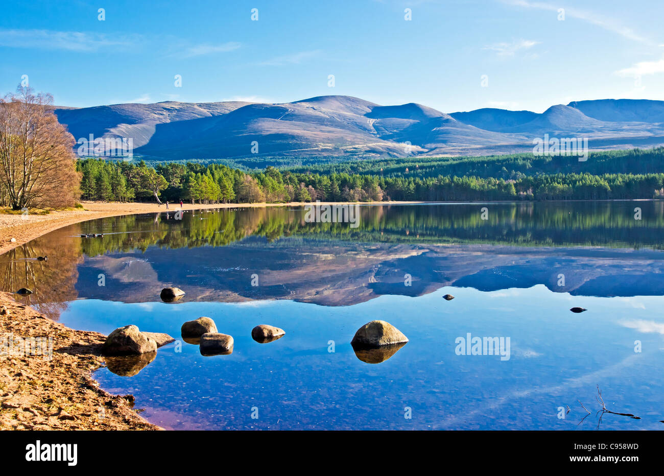 Loch Morlich in the Cairngorms region of Scotland on a calm and sunny ...