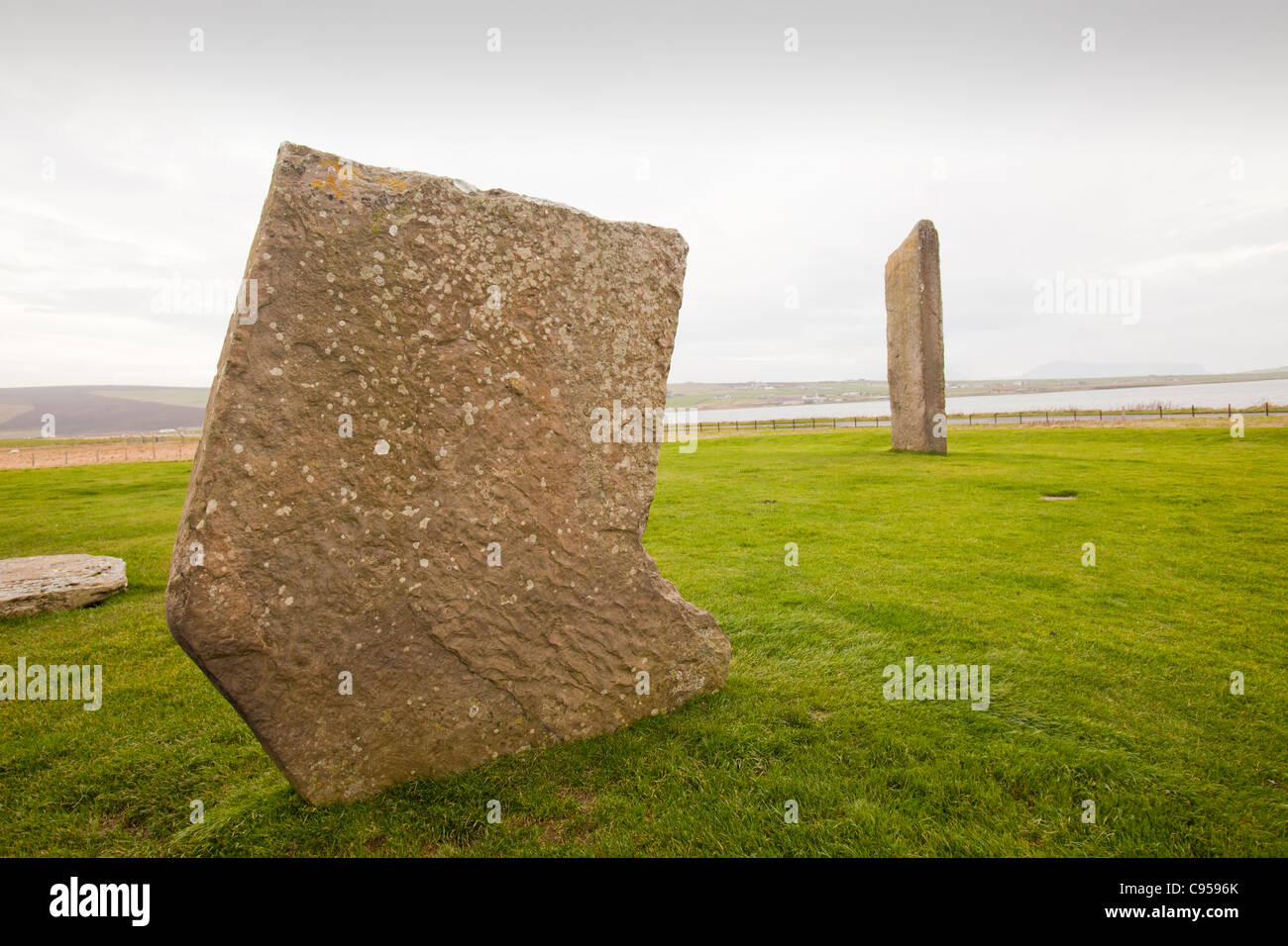 The Standing Stones of Stenness on Orkney's mainland are a henge monument and at at least 3100 BC old, Stock Photo