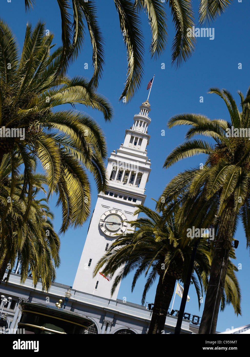 San Francisco Ferry Terminal Plaza Clock Tower and Palm trees Stock