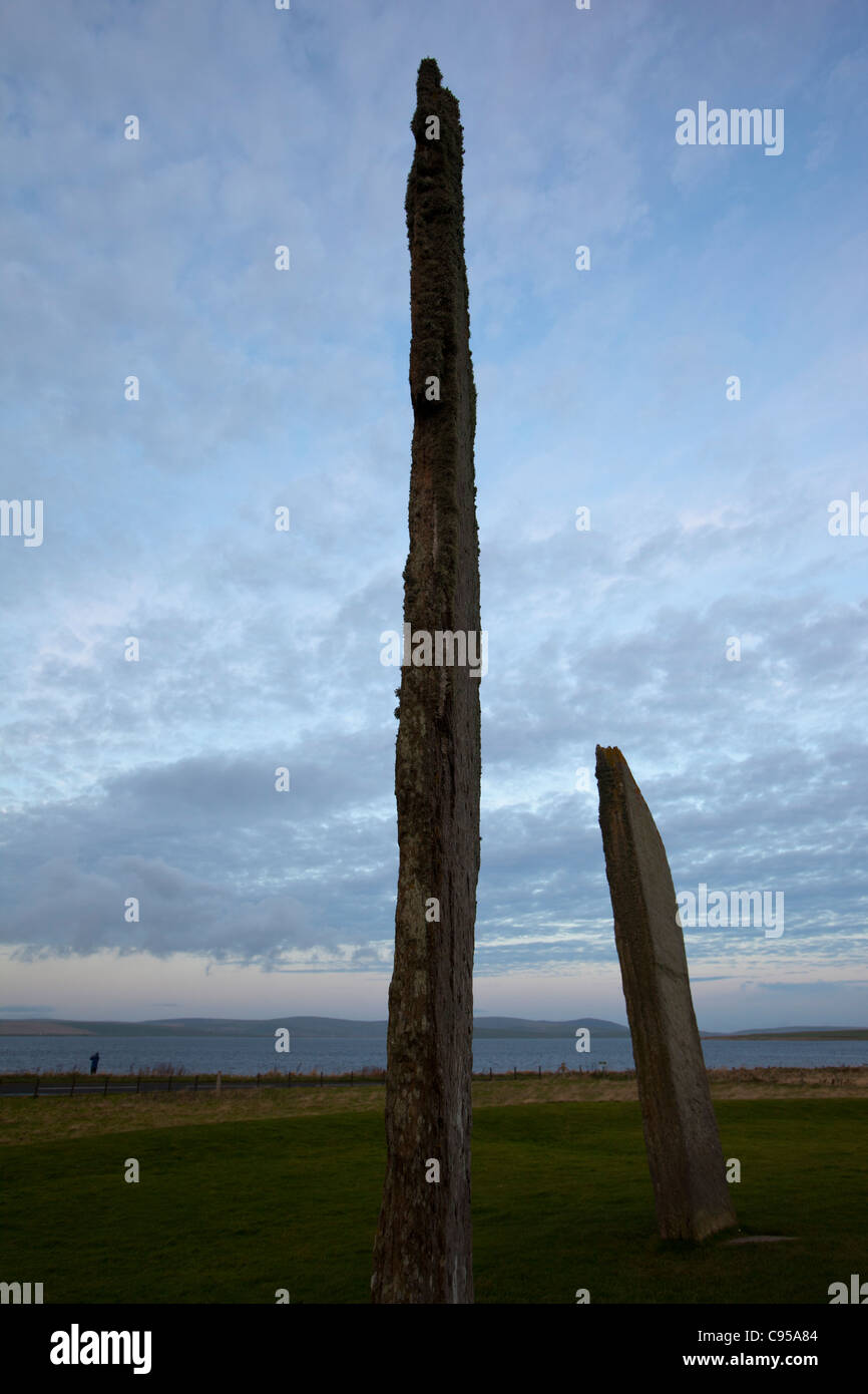 The Standing Stones of Stenness on Orkney's mainland are a henge monument and at at least 3100 BC old, Stock Photo