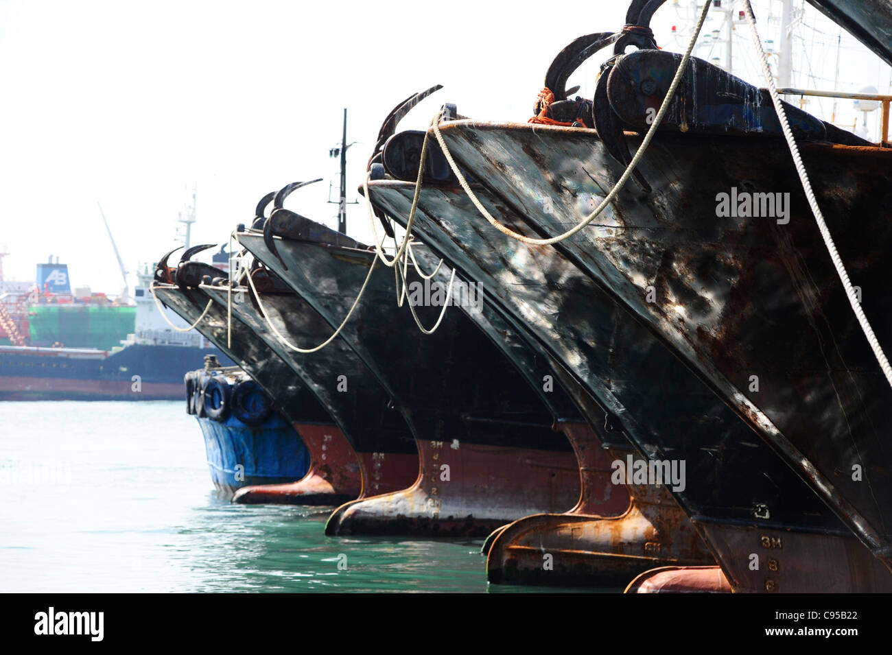 A row of fishing boat in Busan, South Korea. Stock Photo
