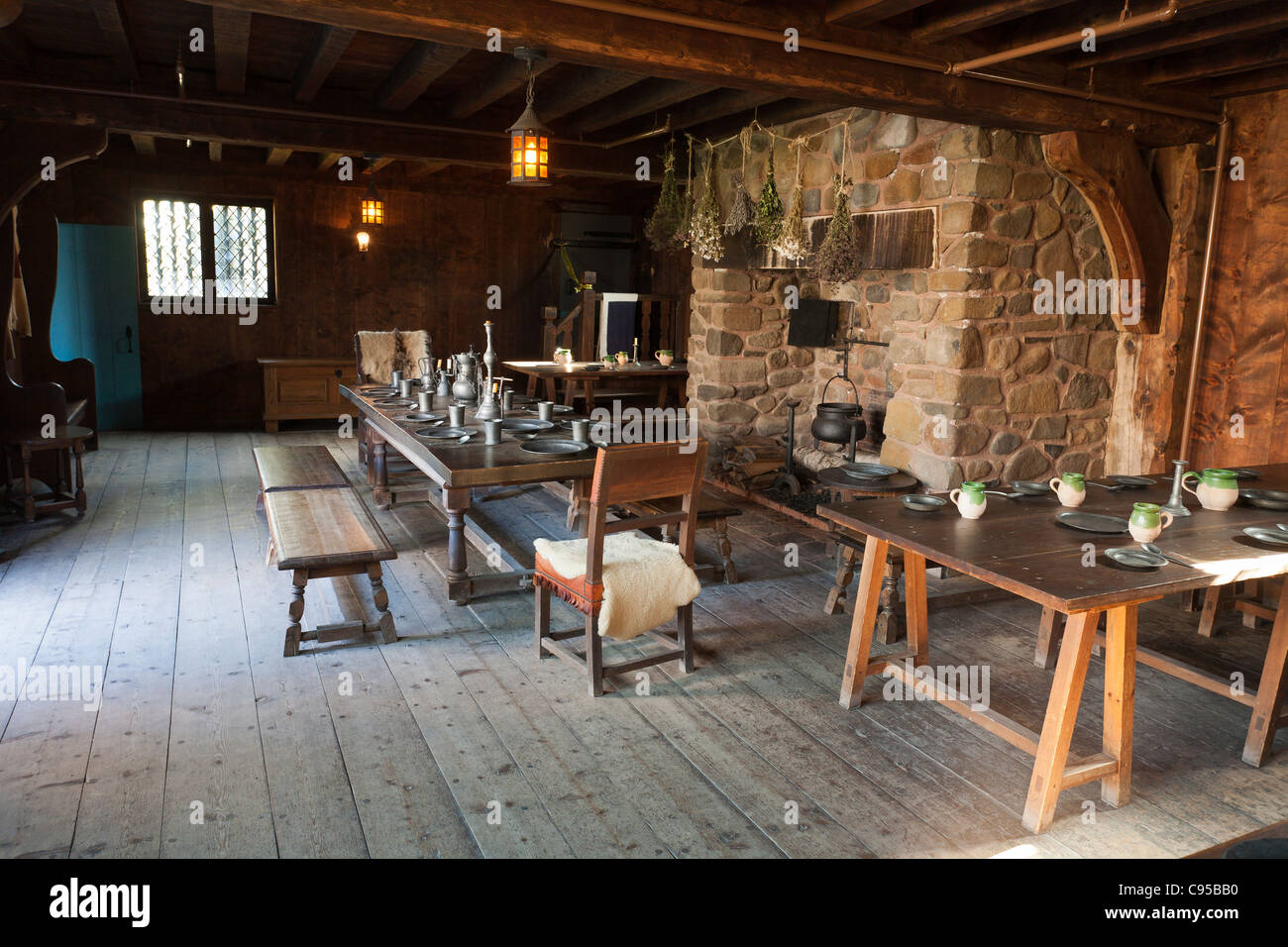 The Common Room/ Dining room at Port Royal. The reconstructed Port Royal Habitation built in the early 1600s Stock Photo
