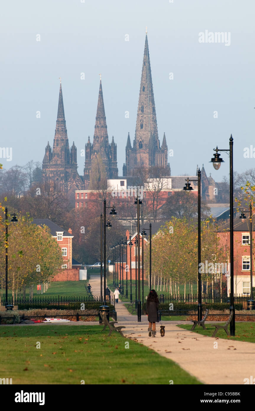 Lichfield Cathedral from Cathedral Walk with modern housing silver
