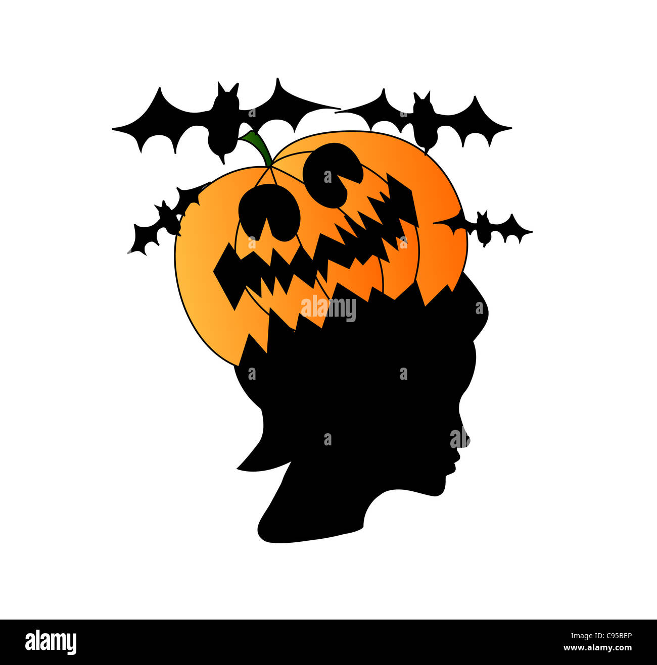 Woman head shape with creepy pumpkin on it and black bats Stock Photo
