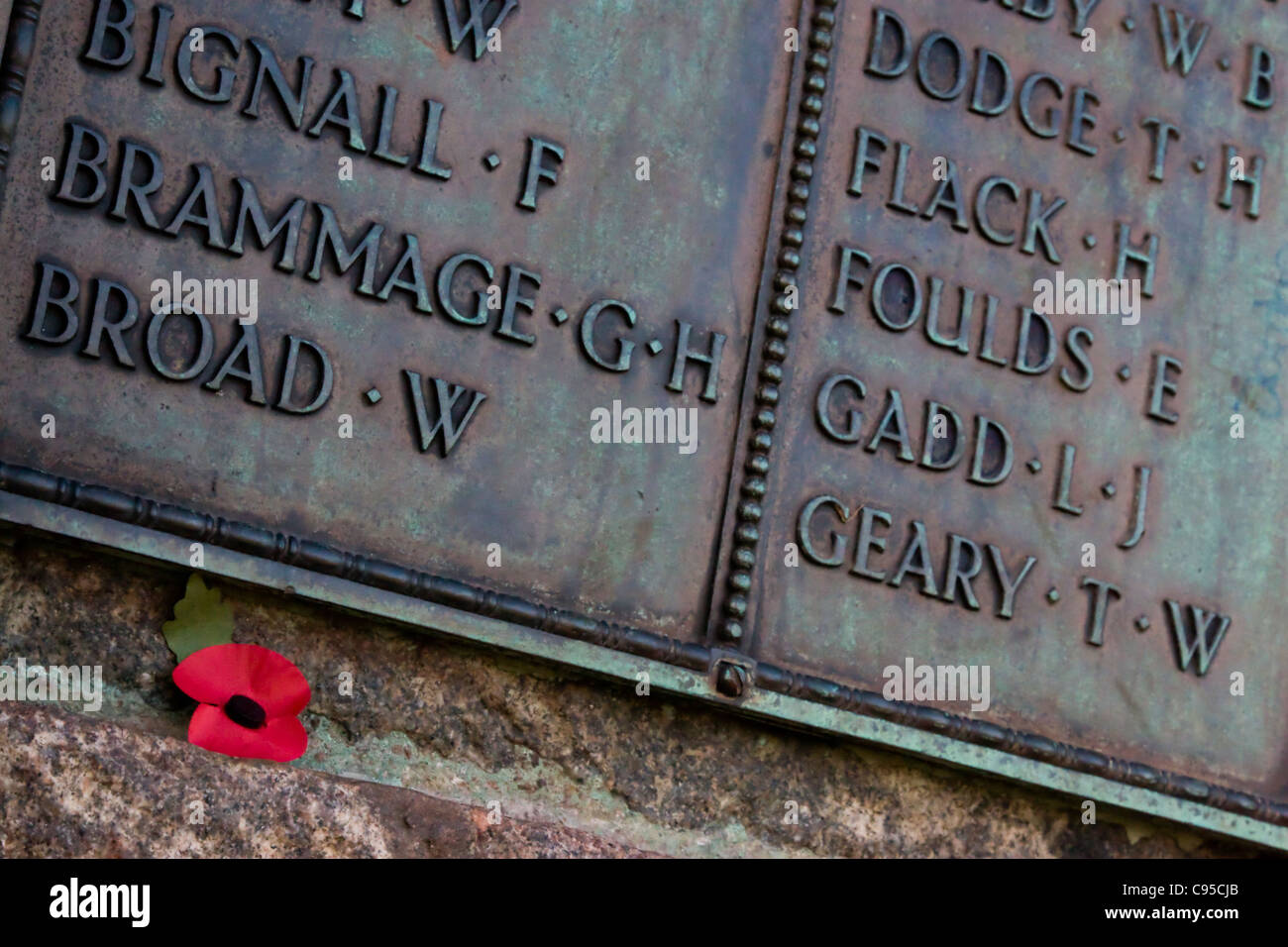 Poppy & Names On Mountsorrel War Memorial Stock Photo