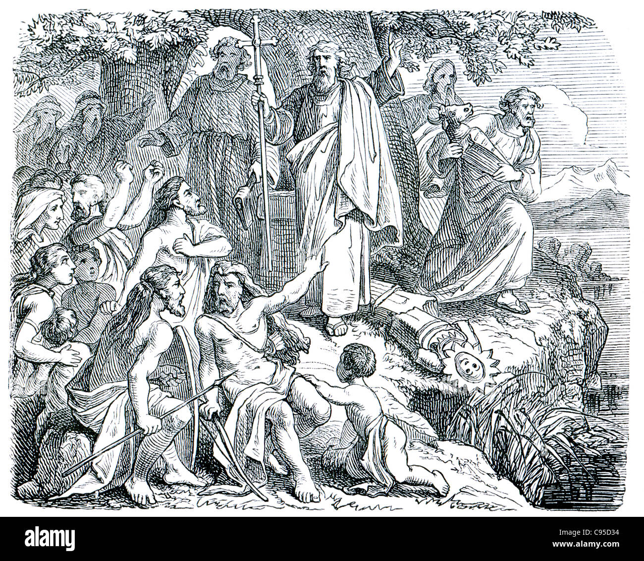 Old engravings. Depicts Saint Columbanus. The book "History of the