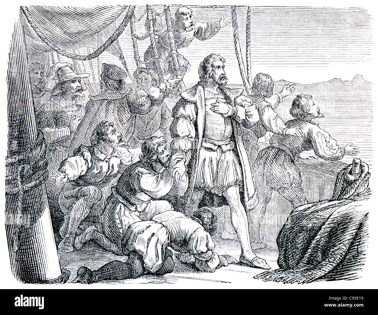 Old engravings. Depicts Christopher Columbus. The book 'History of the Church', 1880 Stock Photo