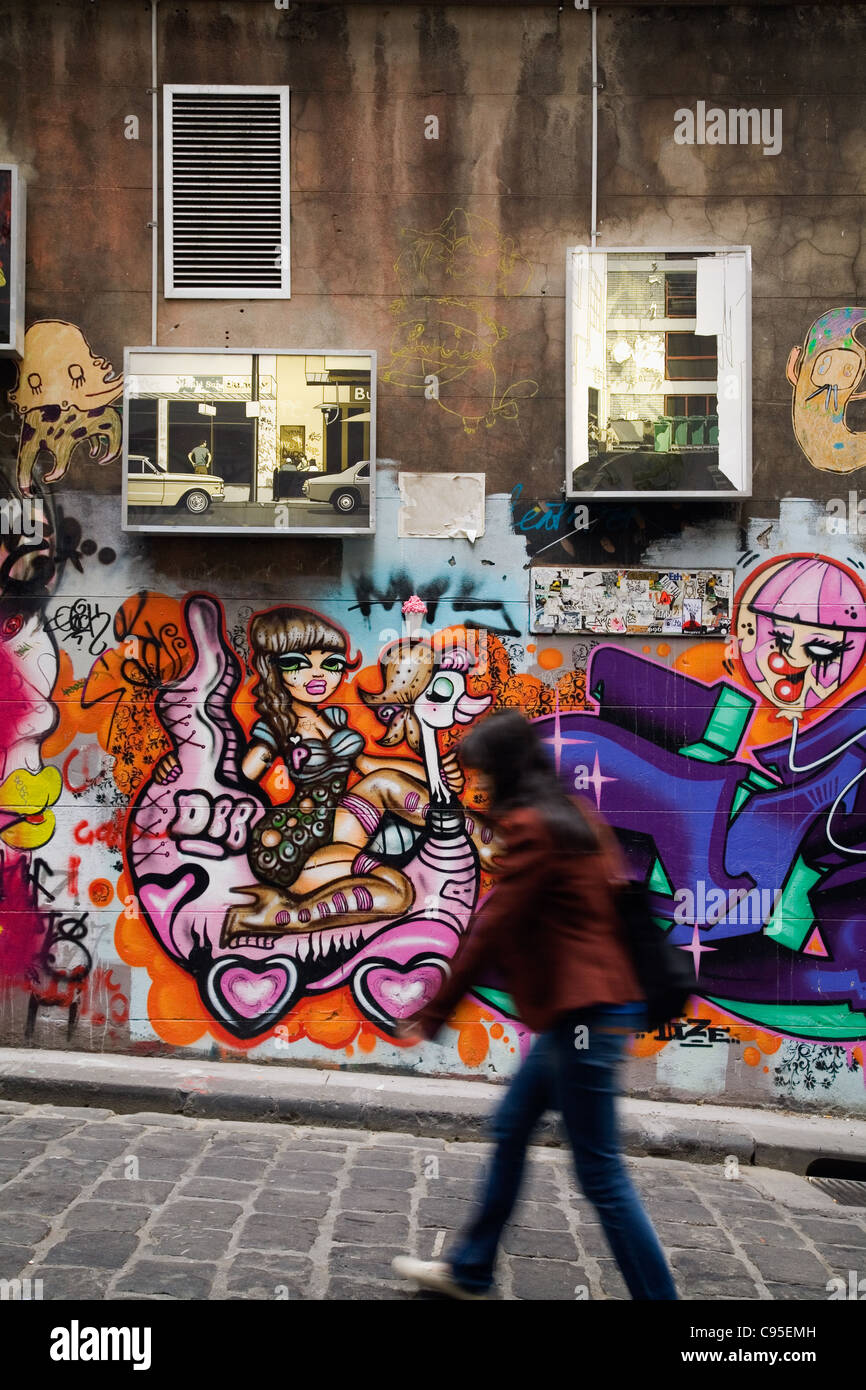 Colourful street art decorates the walls of Hosier Lane in central Melbourne, Victoria, Australia Stock Photo