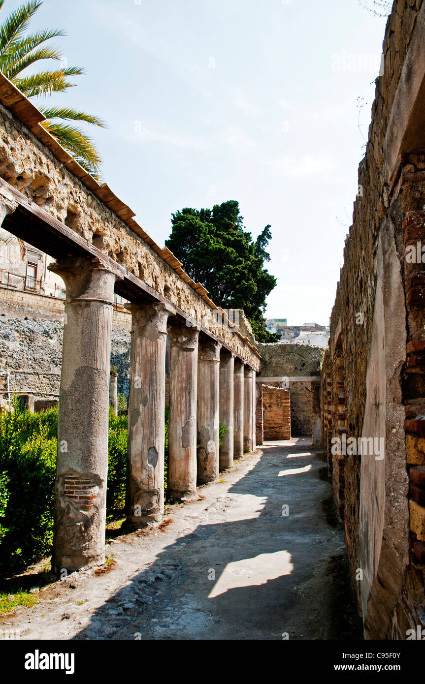 A path leads along the excavated colonnade in the garden of the House