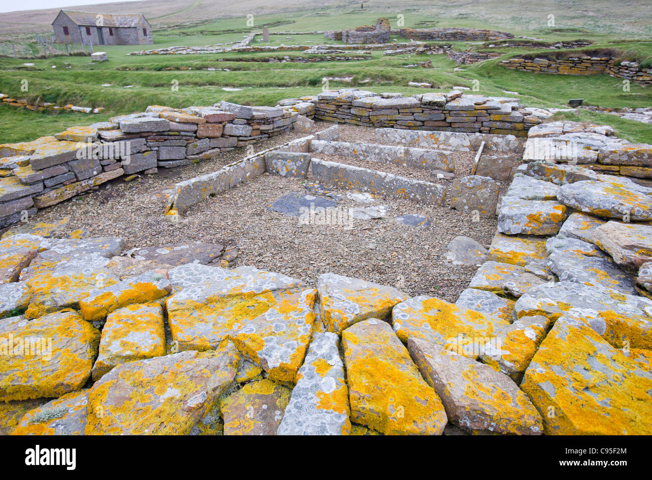 An ancient settlement on the Brough of Birsay thought to date from the 5th Century with later Pictish buildings. Stock Photo