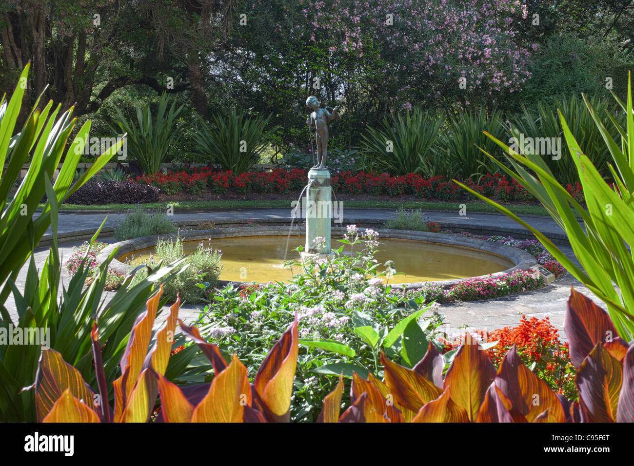 pond and fountain with statue of Cupid in Royal Botanic Gardens, Sydney, Australia Stock Photo