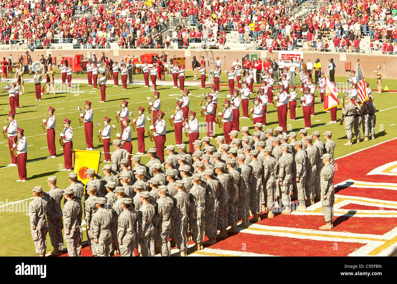 US Military on football field for Military Appreciation Day at Florida State University. Stock Photo