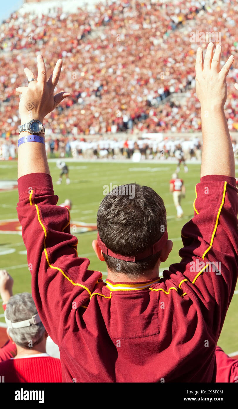 Florida State University fan stands up and cheers at football game. Stock Photo