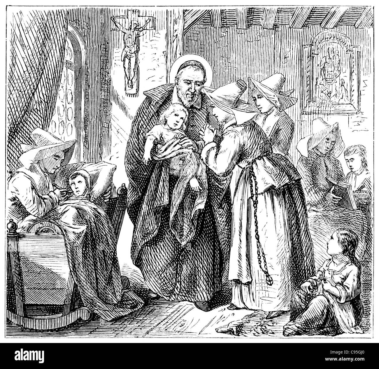 Old engravings. Depicts St. Vincent de Paul and the Daughters of Charity. The book 'History of the Church', 1880 Stock Photo