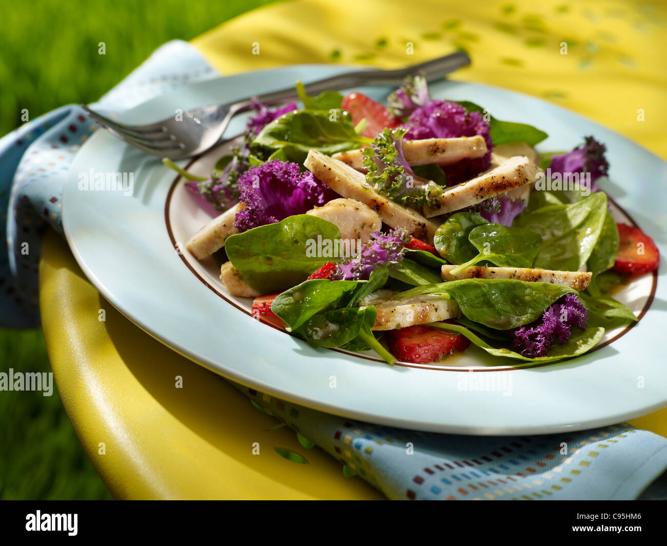 A strawberry chicken salad with spinach in an outdoor setting Stock Photo