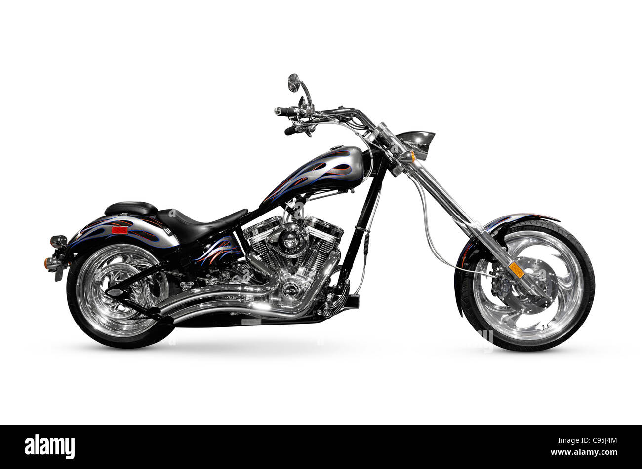 Shiny black with chrome chopper. Customized motorcycle. Isolated on white background Stock Photo
