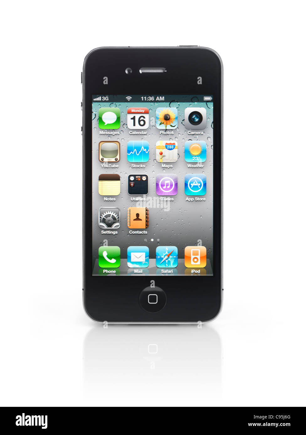 Apple iPhone 4 smartphone with desktop icons on its display isolated on white background Stock Photo