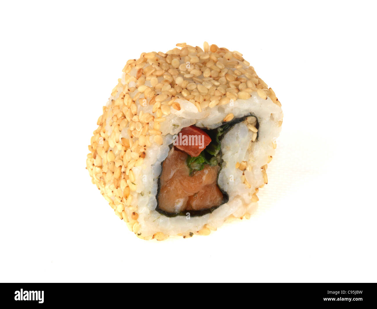 Freshly Prepared Salmon Sushi With Sticky Rice And Sesame Seeds Against A White Background With A Clipping Path And No People Stock Photo