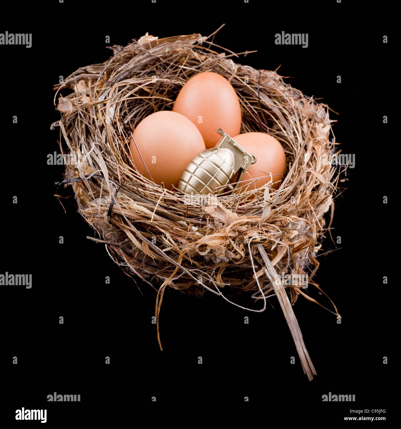 3 x eggs with 1 grenade sitting in a bird's nest Stock Photo