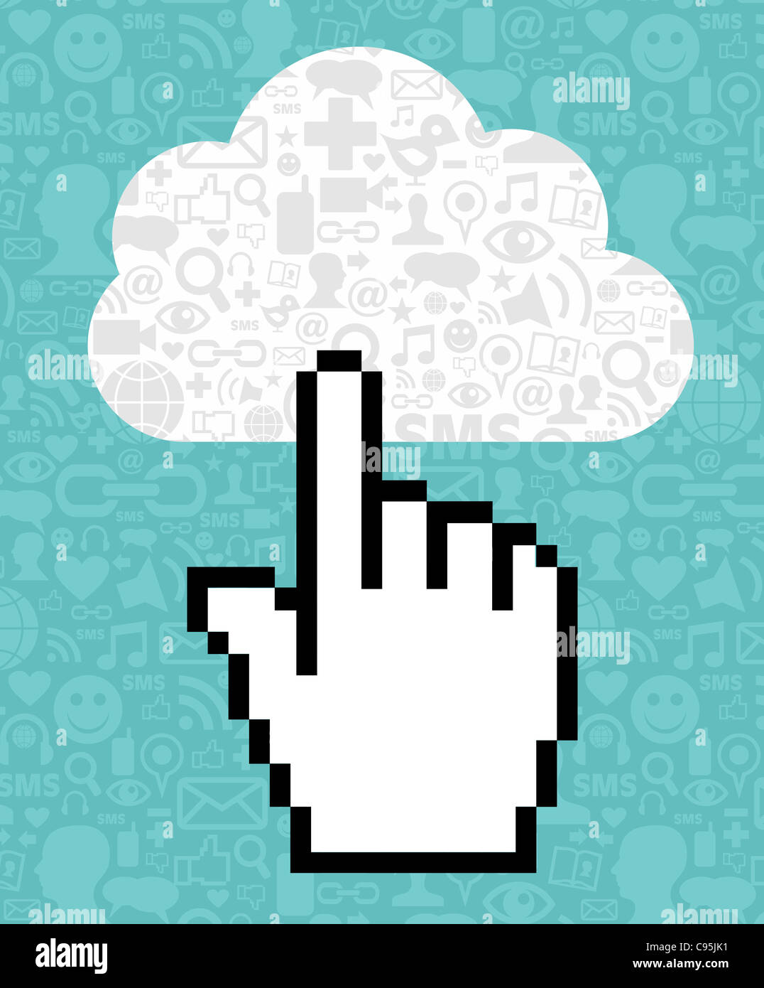 Cursor icon hand clicking on a cloud with icons of social media on blue background. Vector file available. Stock Photo