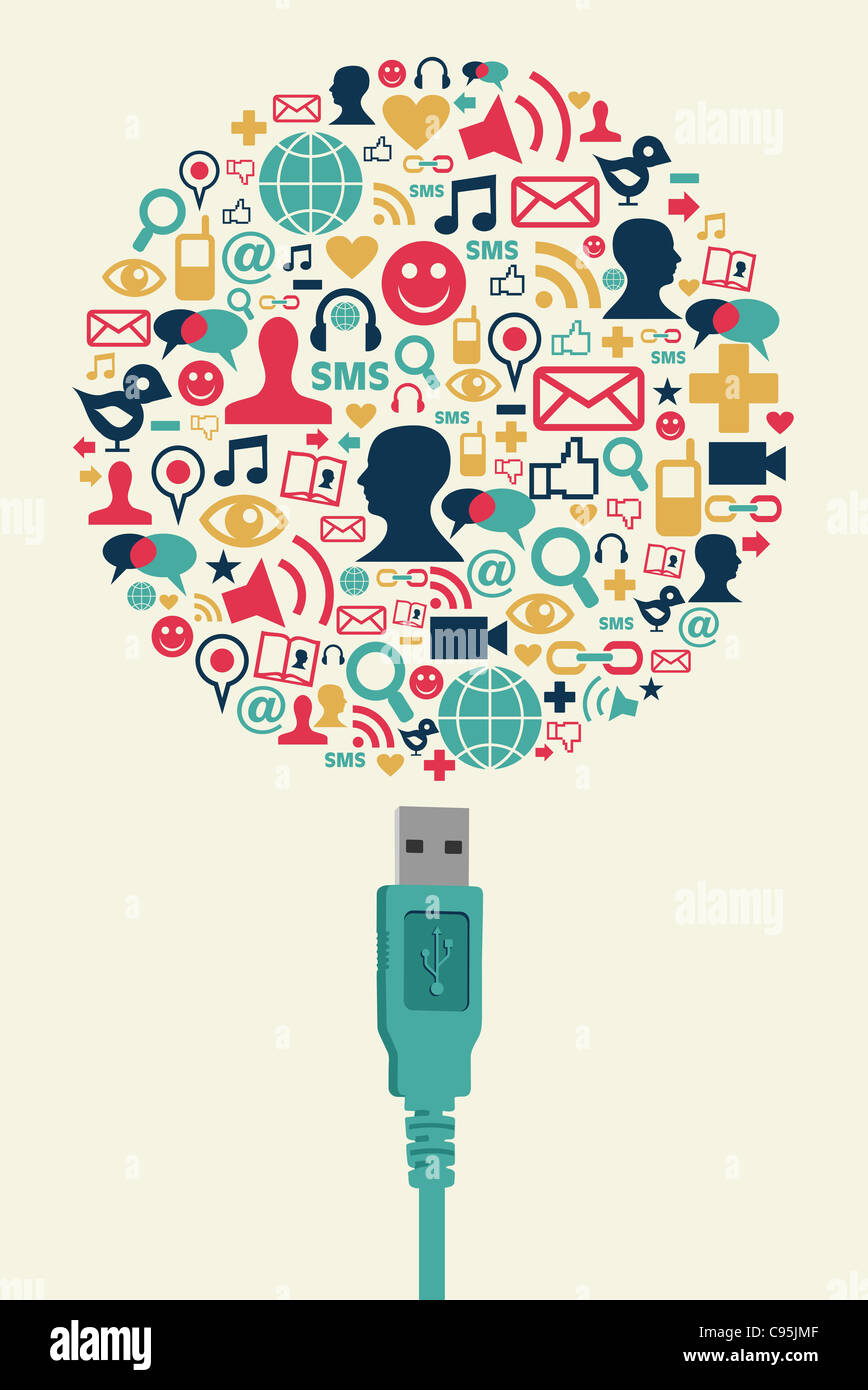 Single USB plug connects a globe made with social media icons on cream background. Vector file available. Stock Photo
