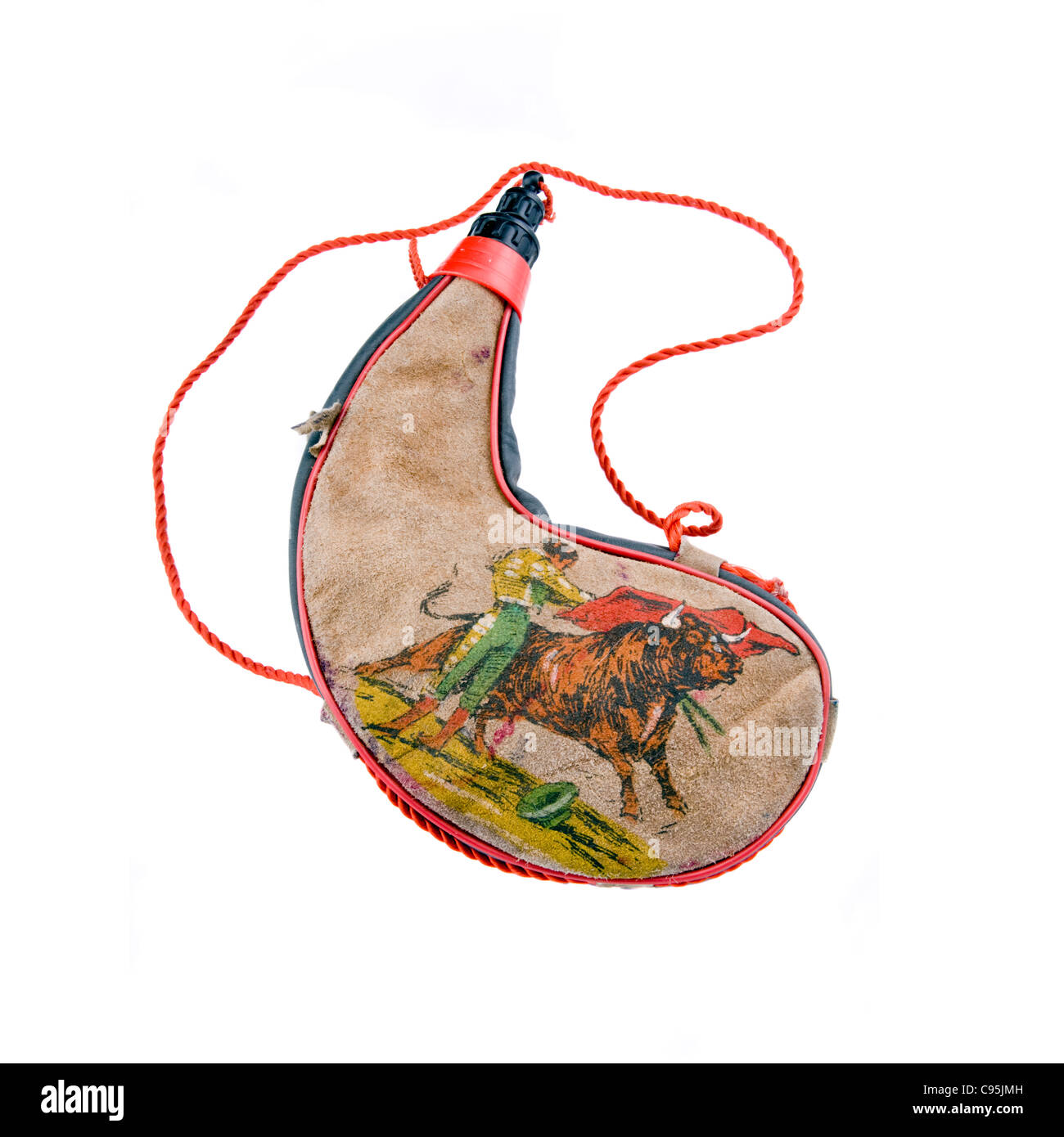 Beautiful old Spanish wine Bota or water flask with illustration of bull Fighting on it Stock Photo