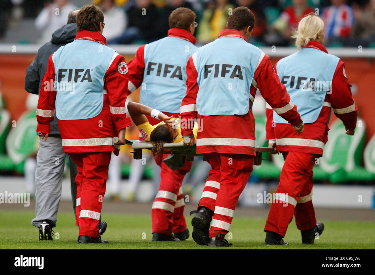 Fabiana of Brazil is stretchered off the field by medical staff during a Women's World Cup match between Brazil and Norway. Stock Photo