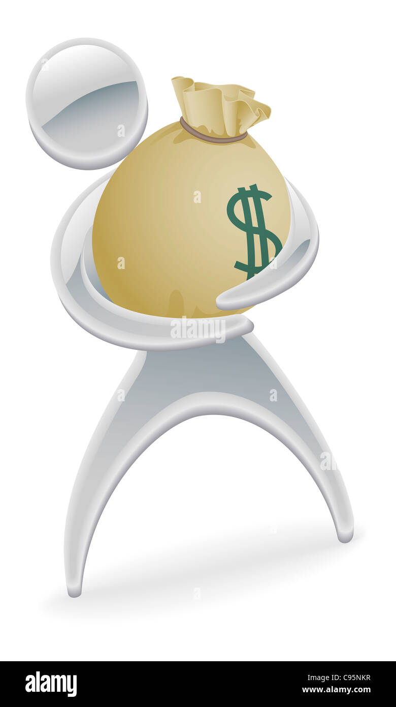 Metallic character holding large sack of money Stock Photo - Alamy
