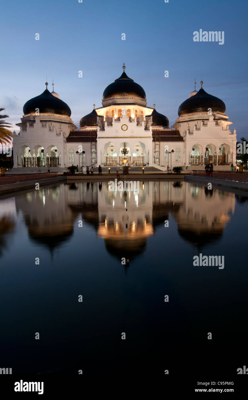 Baiturrahman Mosque, Banda Aceh, Sumatra, Indonesia at sunset Stock Photo