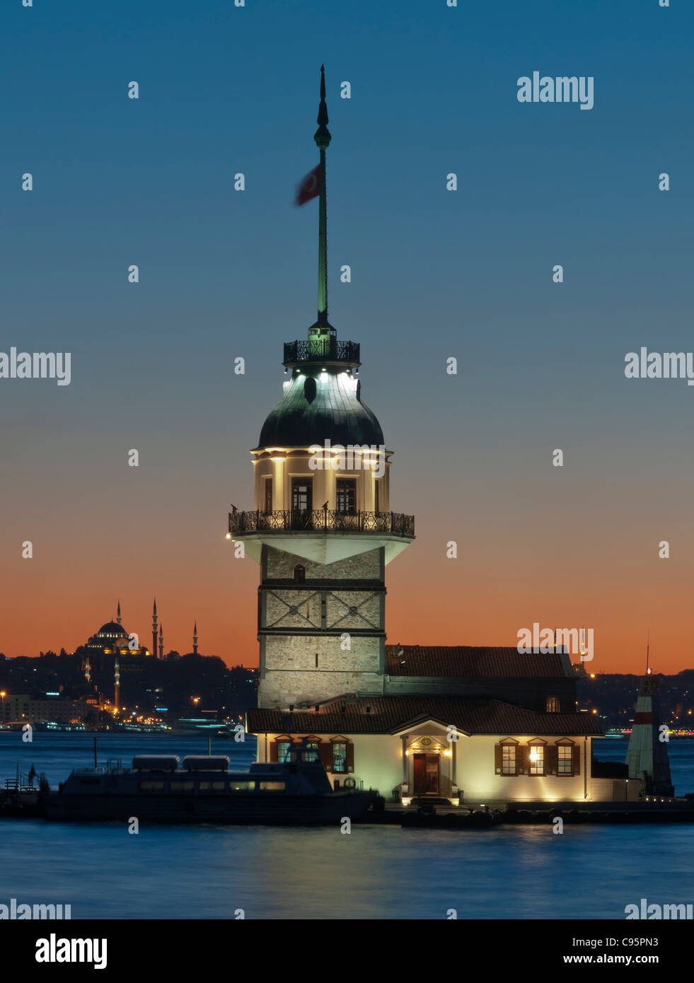 The Maiden's Tower is located at the southern entrance of Bosphorus,istanbul,Turkey.Tower of Leandros Stock Photo