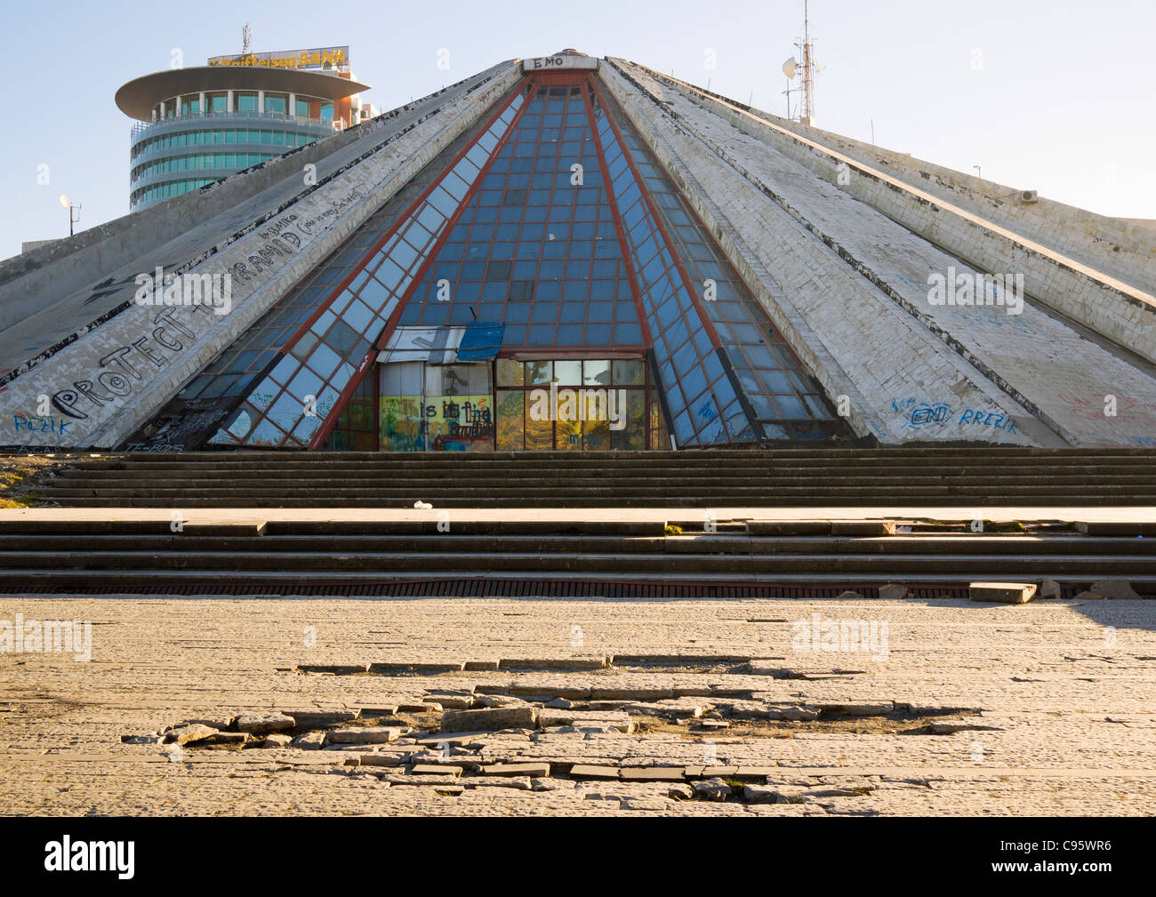 The pyramid building, Albanian International Centre of Culture, in Tirana, Albania, is in a state of disrepair. Stock Photo
