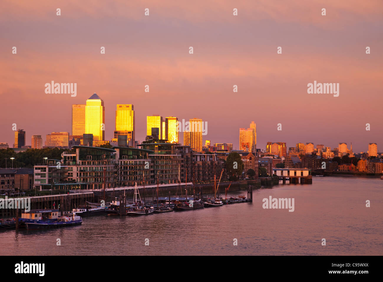 England, London, Docklands Skyline and River Thames Stock Photo