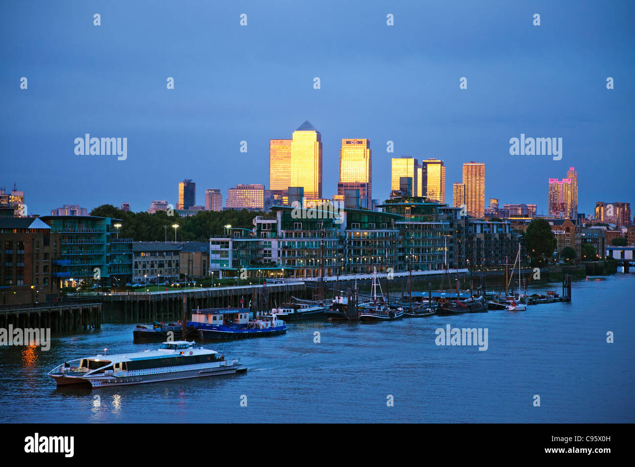 England, London, Docklands Skyline and River Thames Stock Photo