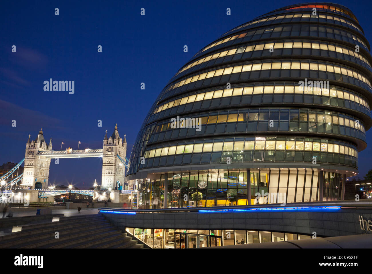 England, London, Southwark, City Hall and Tower Bridge Stock Photo