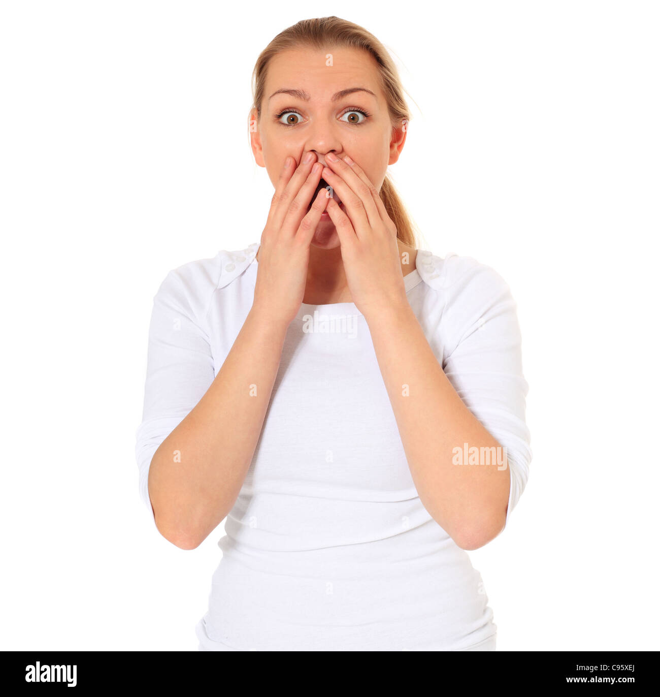Surprised attractive young woman. All on white background Stock Photo ...