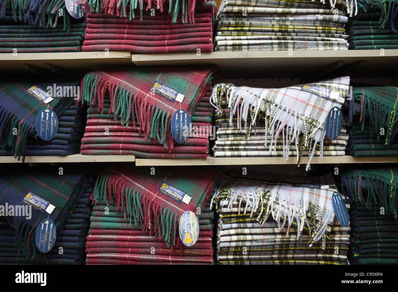 Scotland, Edinburgh, Shelf Display of Tartan Fabric in the Tartan