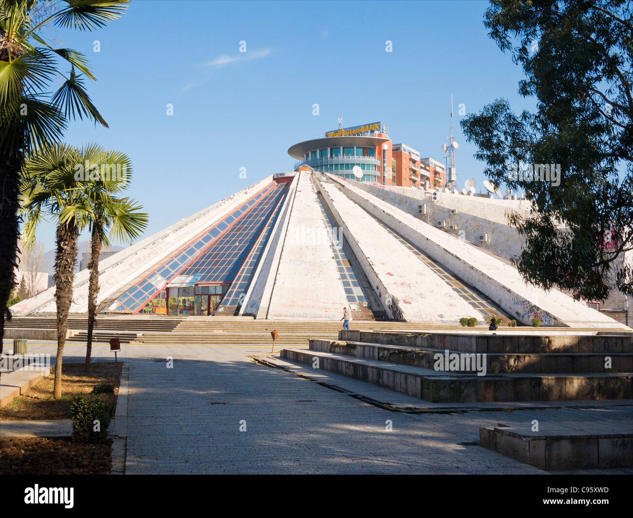 The pyramid building, Albanian International Centre of Culture, in Tirana, Albania, is in a state of disrepair. Stock Photo