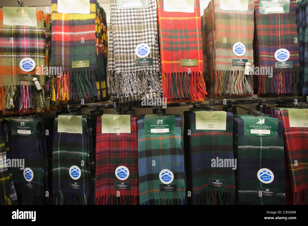 Scotland, Edinburgh, Scarf Display in the Tartan Weaving Mill Stock