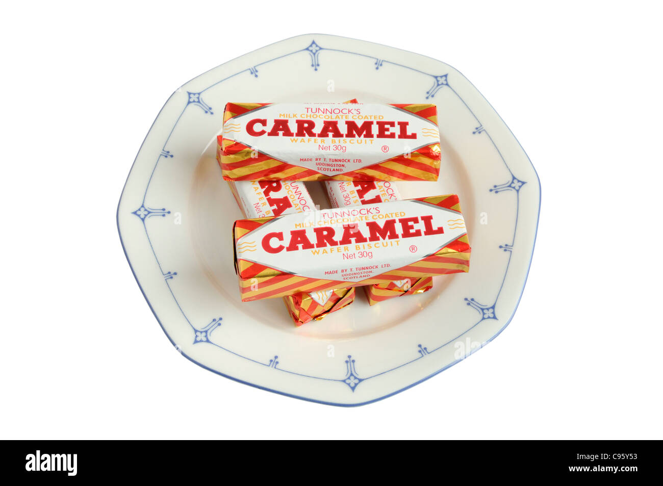 Tunnock's caramel wafer biscuits on a plate Stock Photo